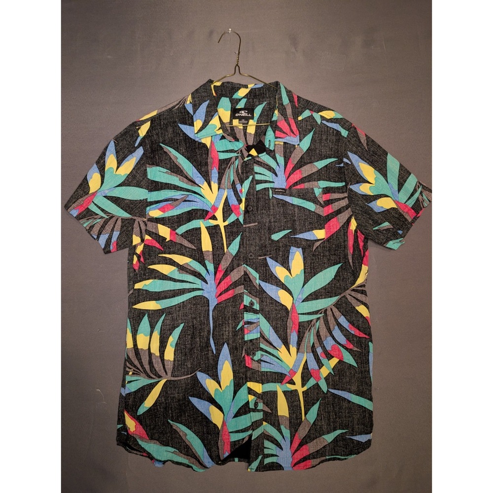 O'NEILL Men's Button Down Reverse Print Short Sleeve Shirt Tropical Size M